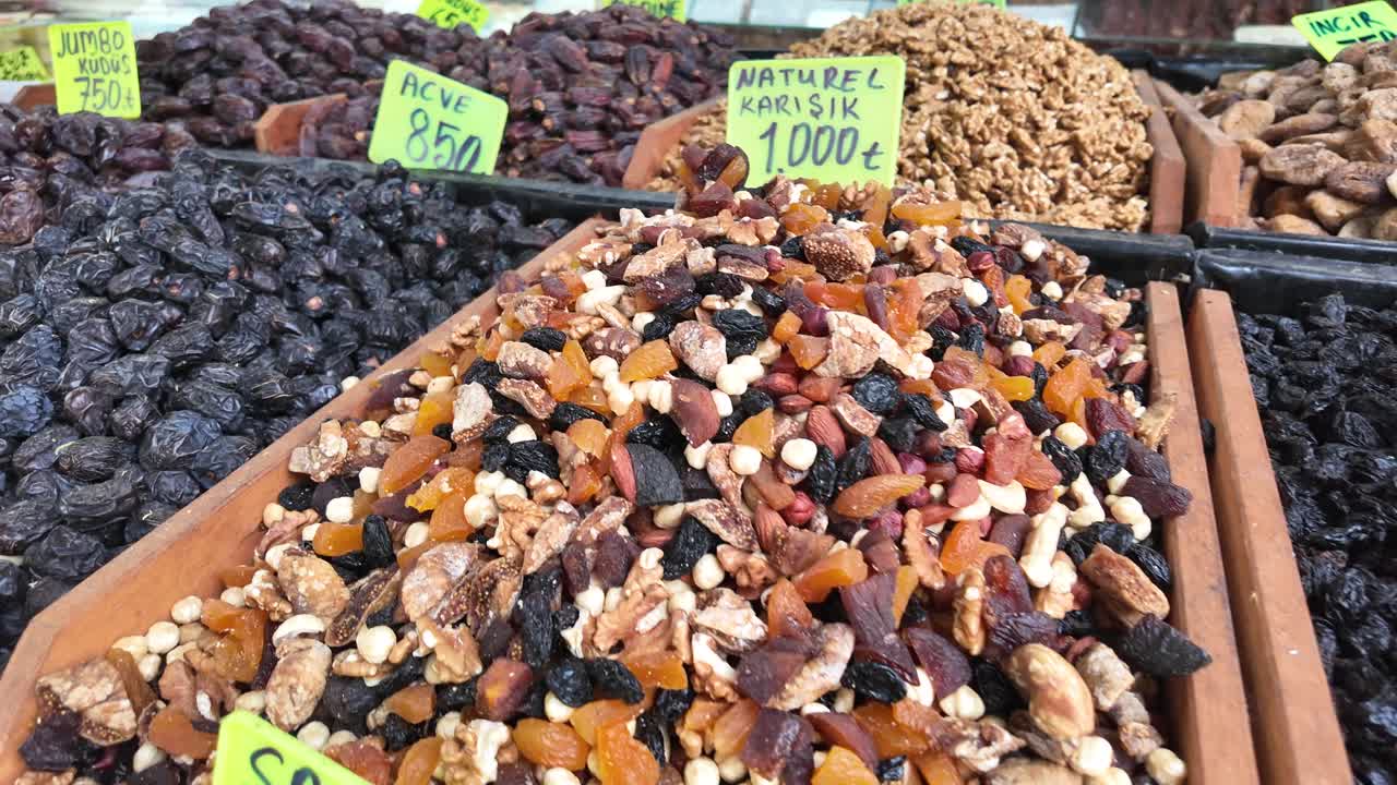 Assortment of Dried Fruits and Nuts at a Turkish Market