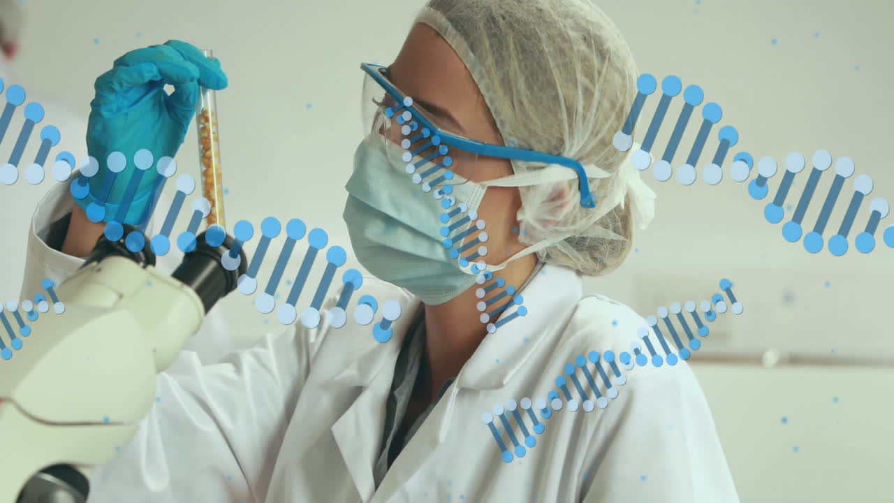 Scientist examining sample with microscope, DNA strand animation over scene