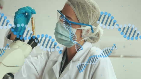 scientist examining sample with microscope, dna strand animation over scene