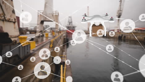 animación de la red de conexiones con iconos sobre el drone de entrega con paquete