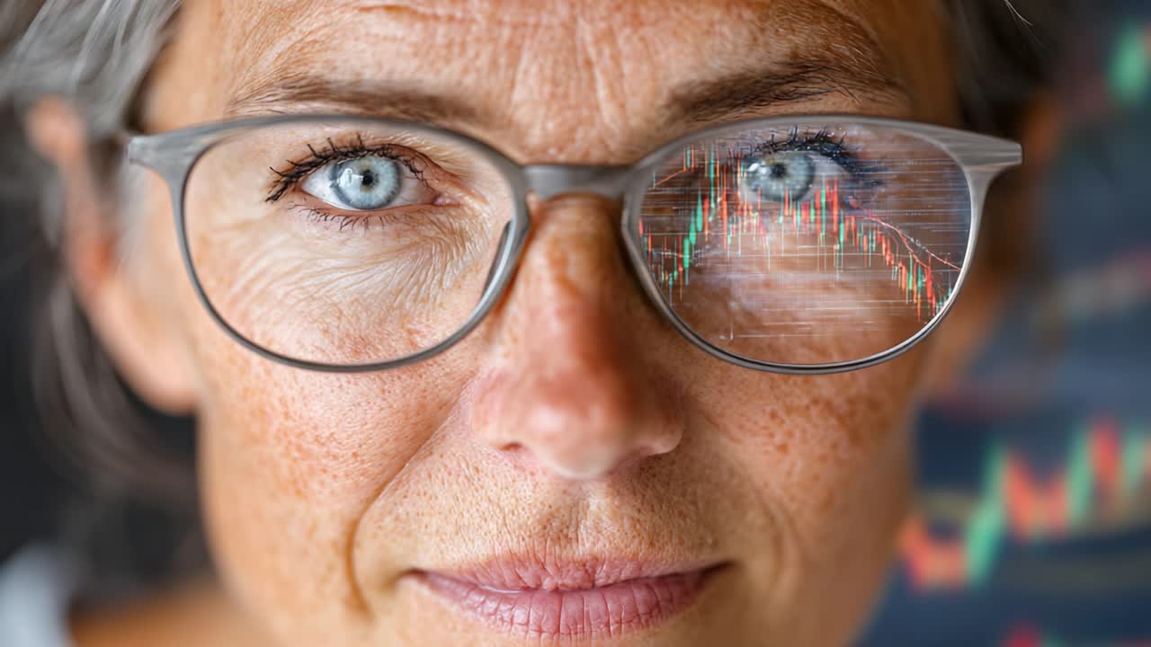 An Insightful Perspective: A Close-Up of a Mature Woman Analyzing Financial Data Through Her Glasses, Reflecting Market Trends and Economic Indicators