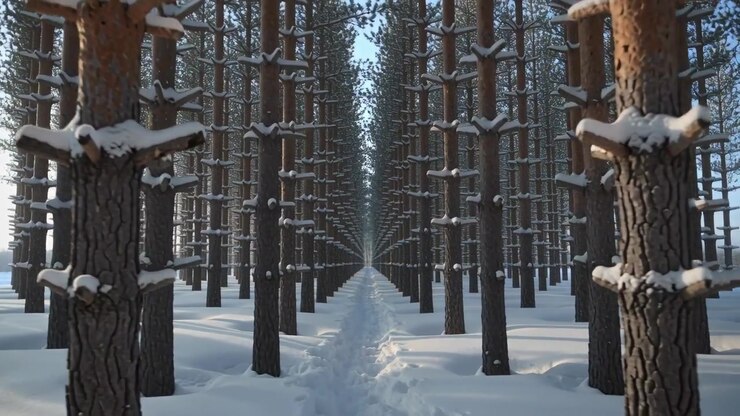 Starting camera moving forward down snow-packed trail, revealing footprints and pruned pine rows