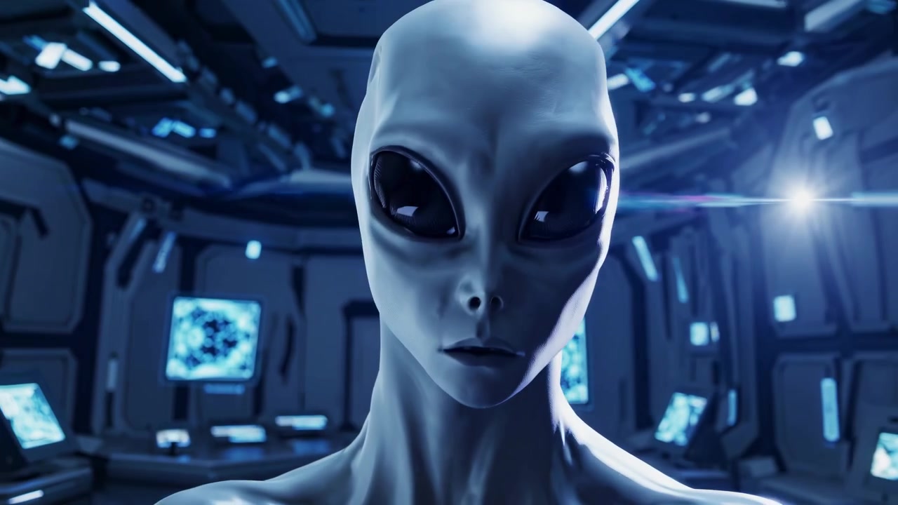 Grey Alien Standing in a Futuristic Spaceship Control Room