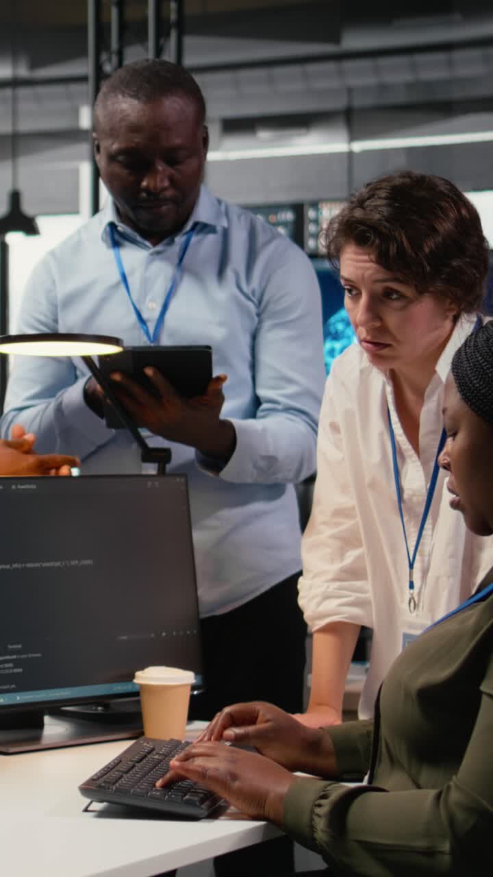 Vertical video Engineering team in office using AI to optimize company systems