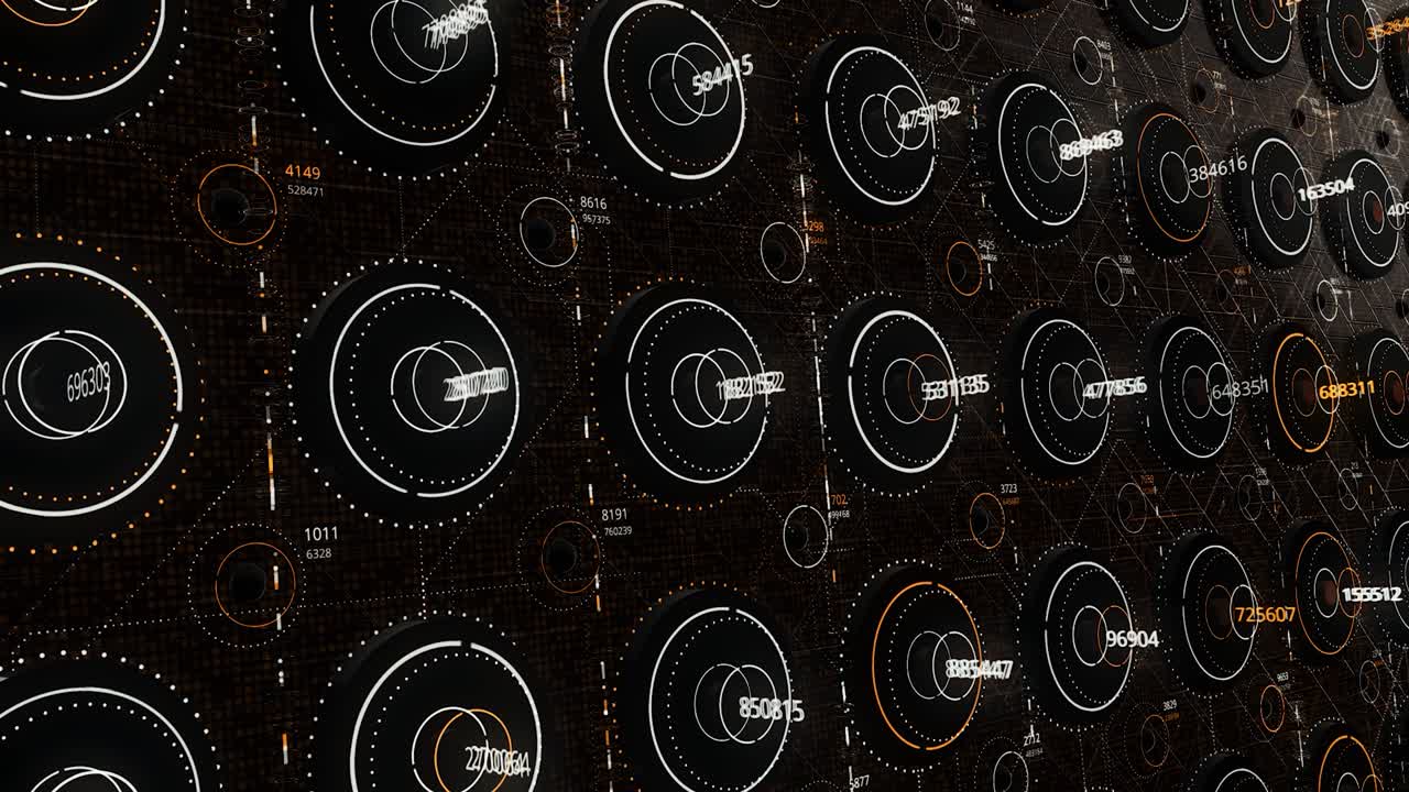 Computer network design, digital data transmitted at high speed, seamless loop. Animation. Rows of abstract circles and changing numbers
