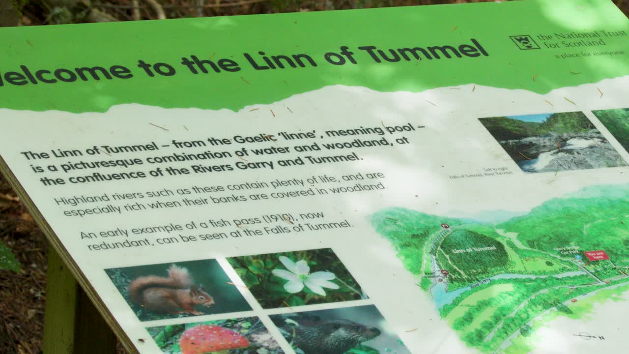 Kamera menyorot tanda informasi luar ruangan tentang Linn of Tummel, latar hutan, cahaya alami
