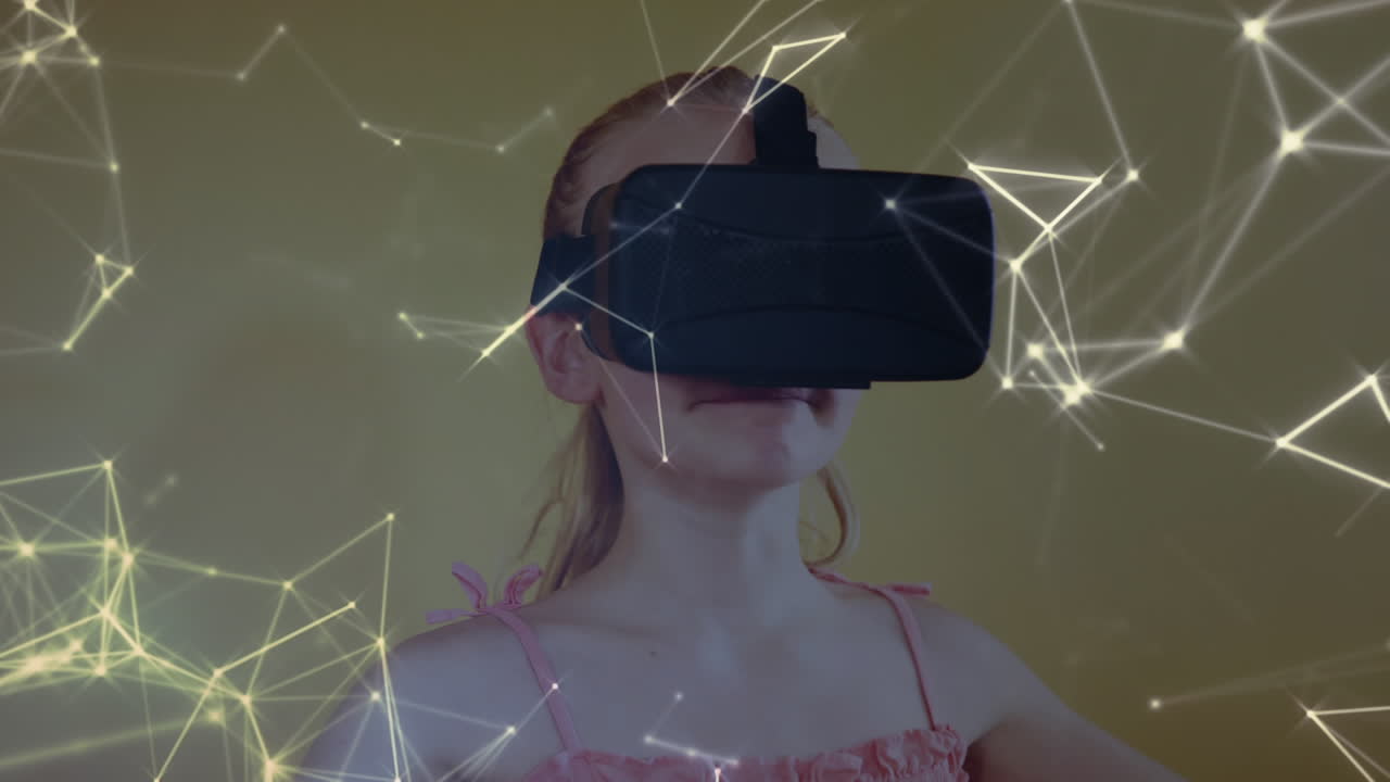 animación de una chica usando un auricular vr sobre una red de puntos conectados en el fondo