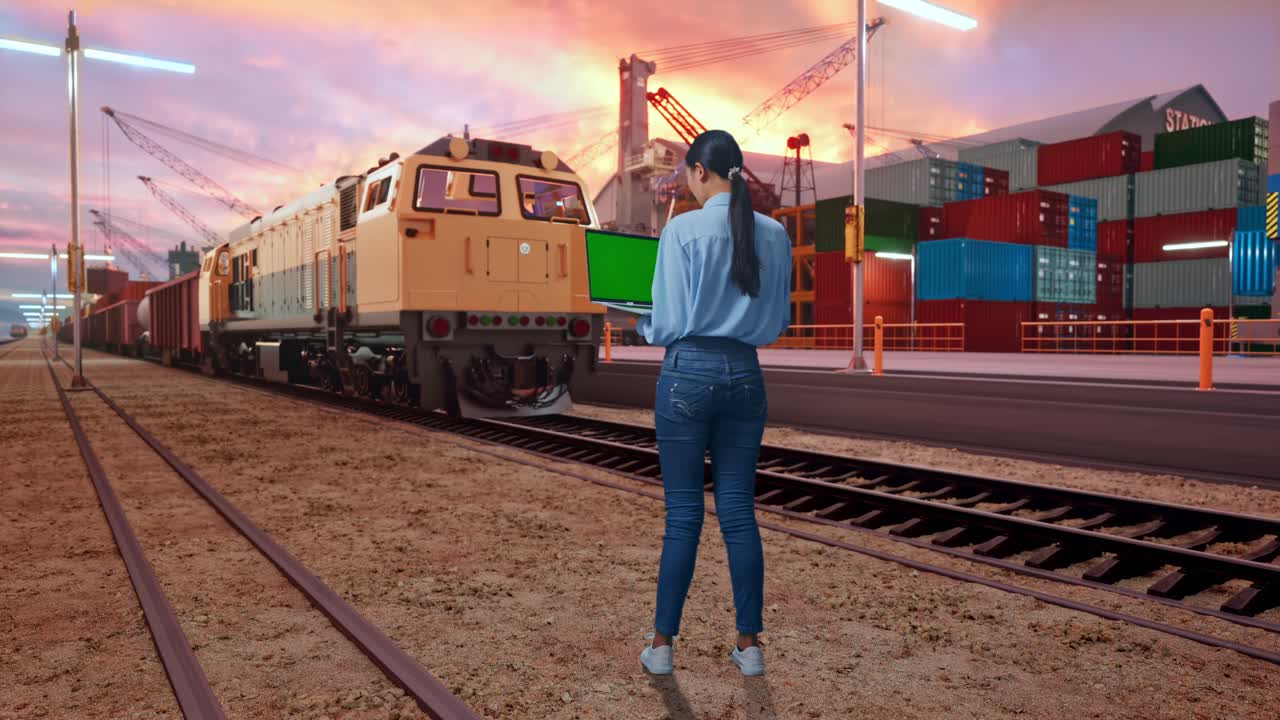 Full Body Back View Of Asian Female With Freight Cargo Train At Port, Typing On Laptop'S Keyboard With Green Screen And Look At Containers