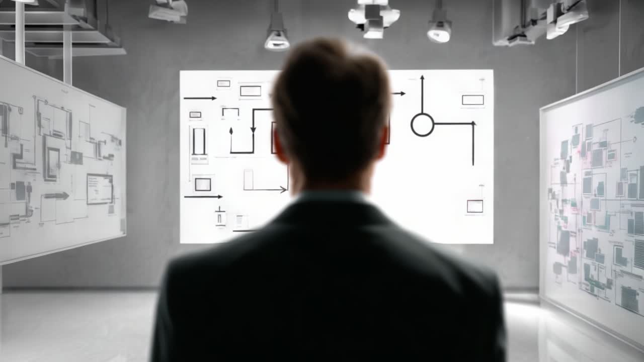 A Professional in a Suit Analyzing Complex Diagrams and Flowcharts in a Modern, Well-Lit Conference Room Environment with a Focus on Strategic Thinking Processes