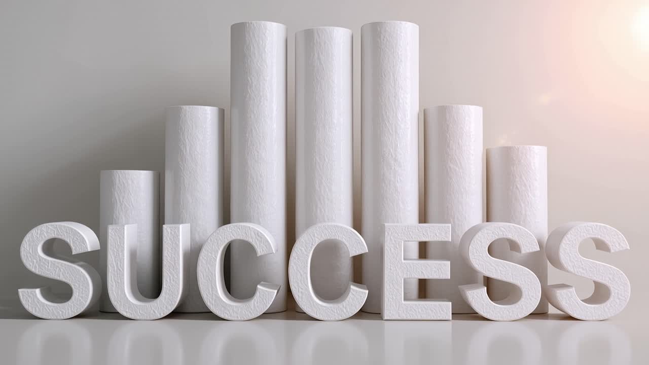 White letters spell "SUCCESS" beside rising pillars. Soft light glows behind, casting gentle shadows. Minimalist design conveys clarity and ambition. Perfect for business, growth