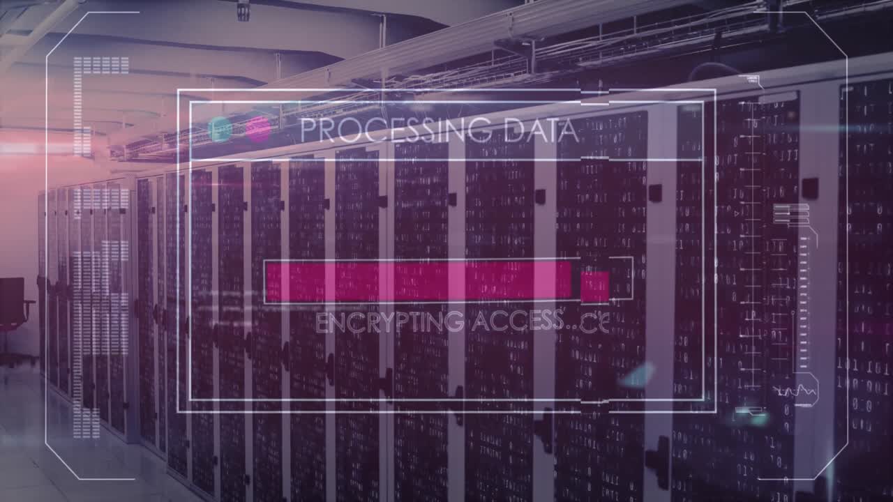 Animation of interface with data processing and mosaic squares against computer server room