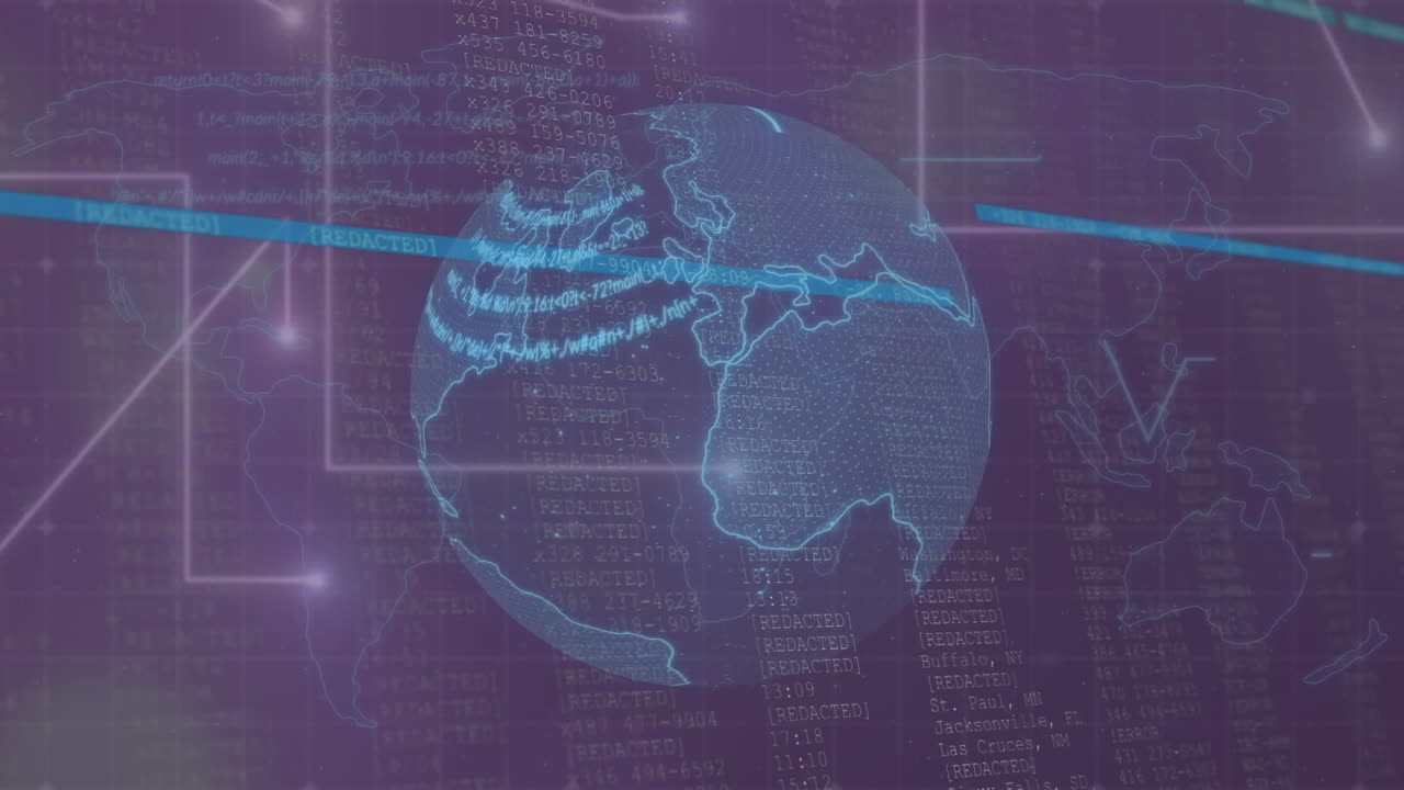animación del lenguaje informático en el globo, las líneas, la interfaz informática sobre el mapa en el fondo
