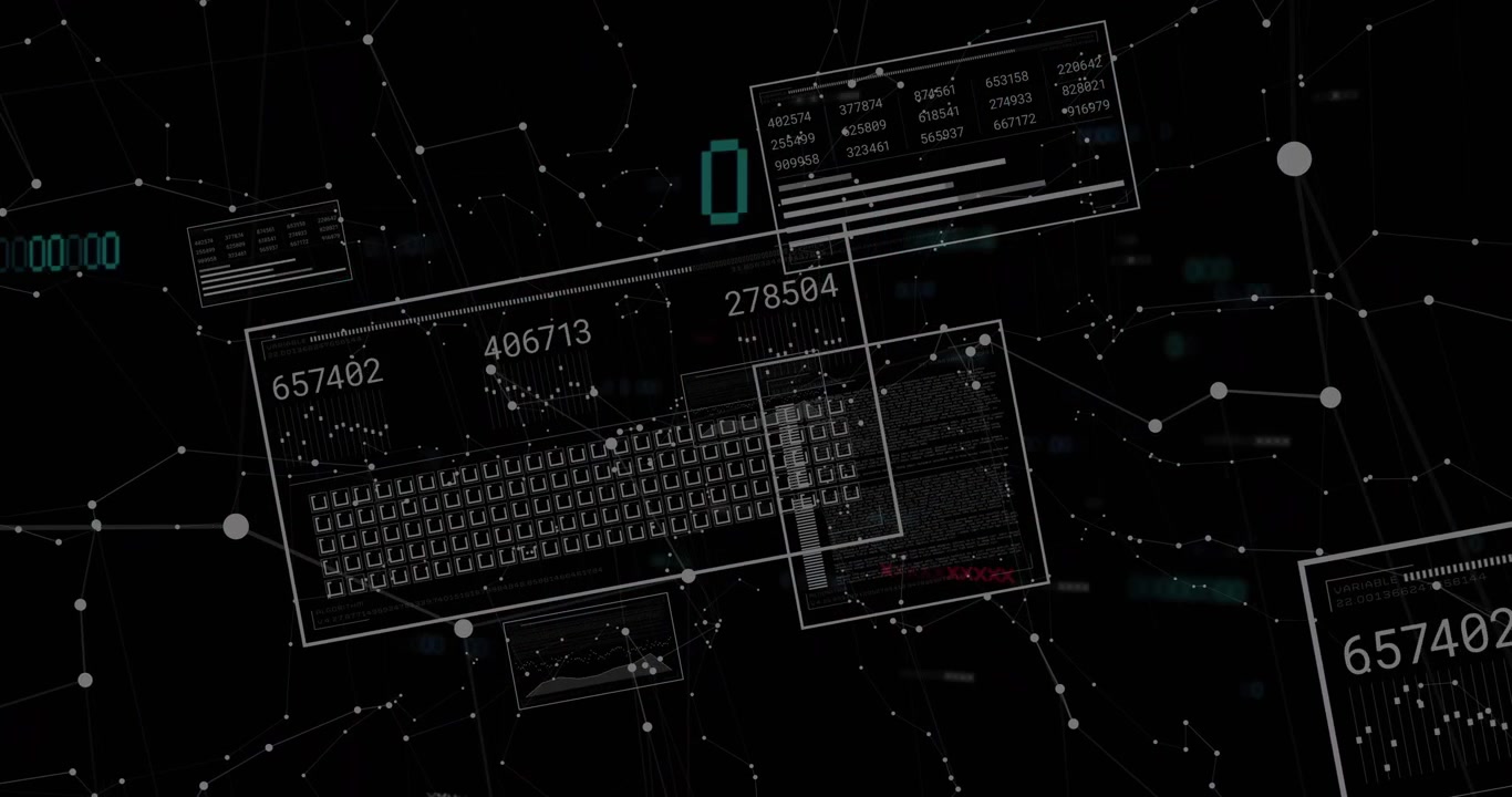 Receiving data pulse, keyboard grid shifting and tilting, panels sliding, visualizing network