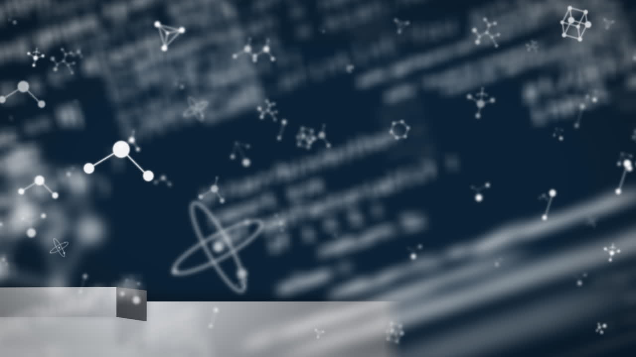 가짜 뉴스 텍스트와 분자의 애니메이션은 검은색 배경에 데이터 처리를 통해