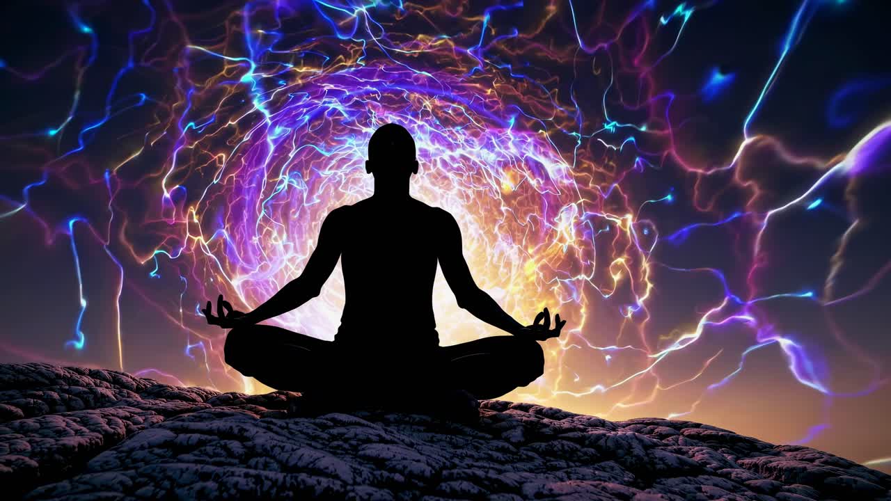 Silhouette di persona che medita con vibrante campo energetico astratto.