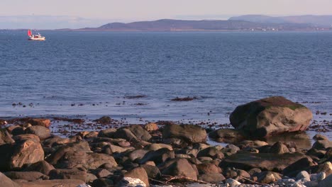 Las-Gaviotas-Persiguen-A-Un-Arrastrero-De-Pesca-Distante-A-Través-De-Una-Bahía-En-Noruega