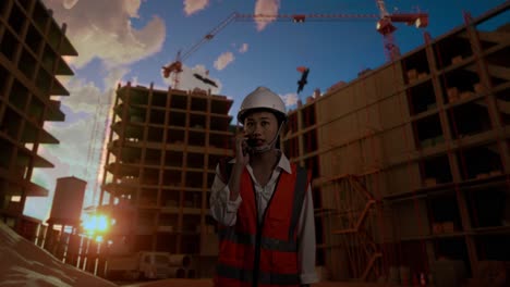 ingeniera asiática con casco de seguridad hablando en teléfono inteligente mientras está de pie en el sitio de construcción, durante la puesta o salida del sol