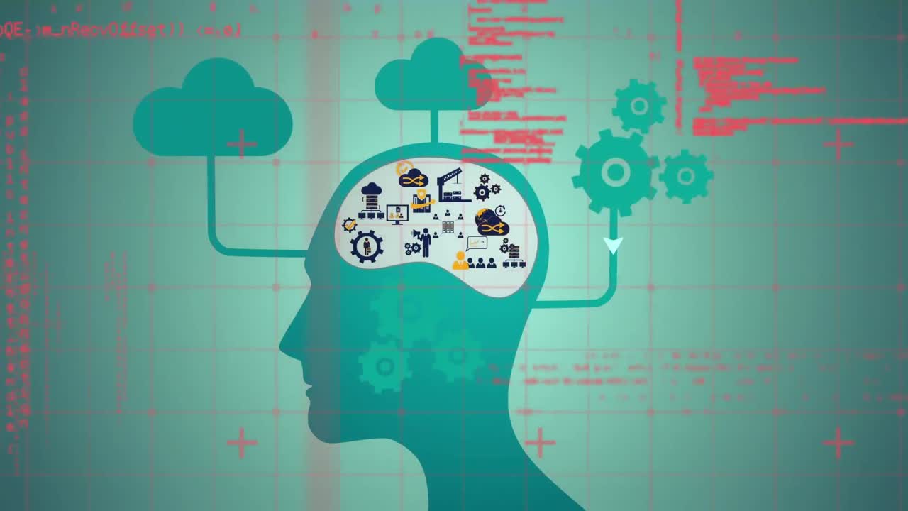 animación de la cabeza humana con iconos digitales, nubes y procesamiento de datos
