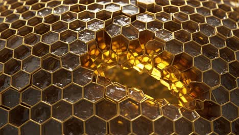 captivating close-up of a honeycomb structure: golden hexagonal cells with a radiant center, showcasing nature's intricate patterns and design