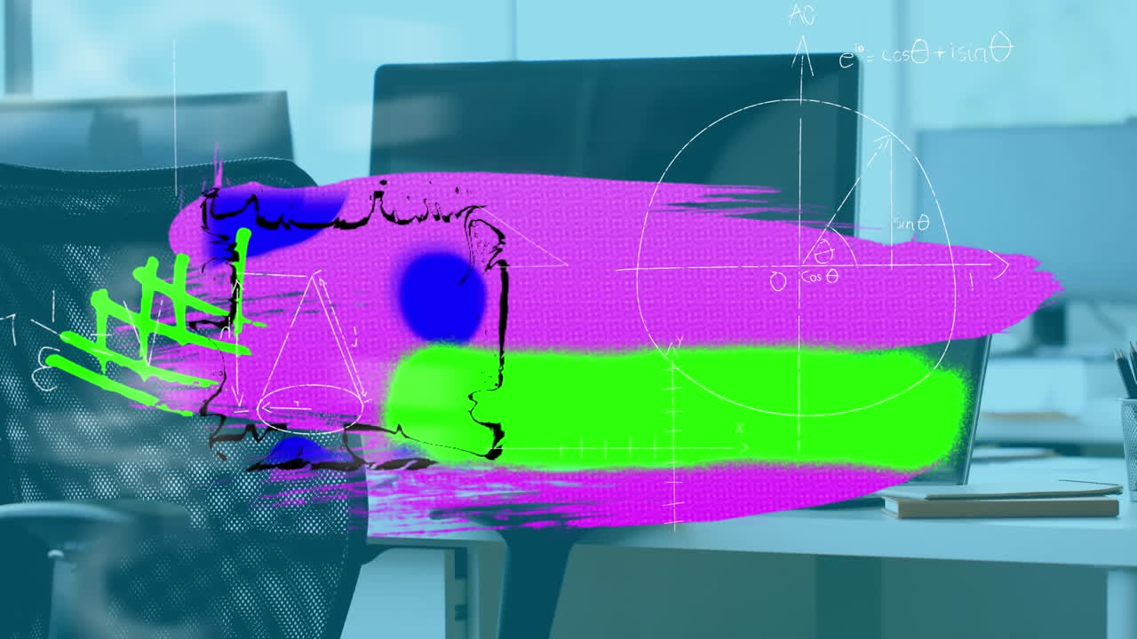animación de manchas y formas coloridas en la oficina