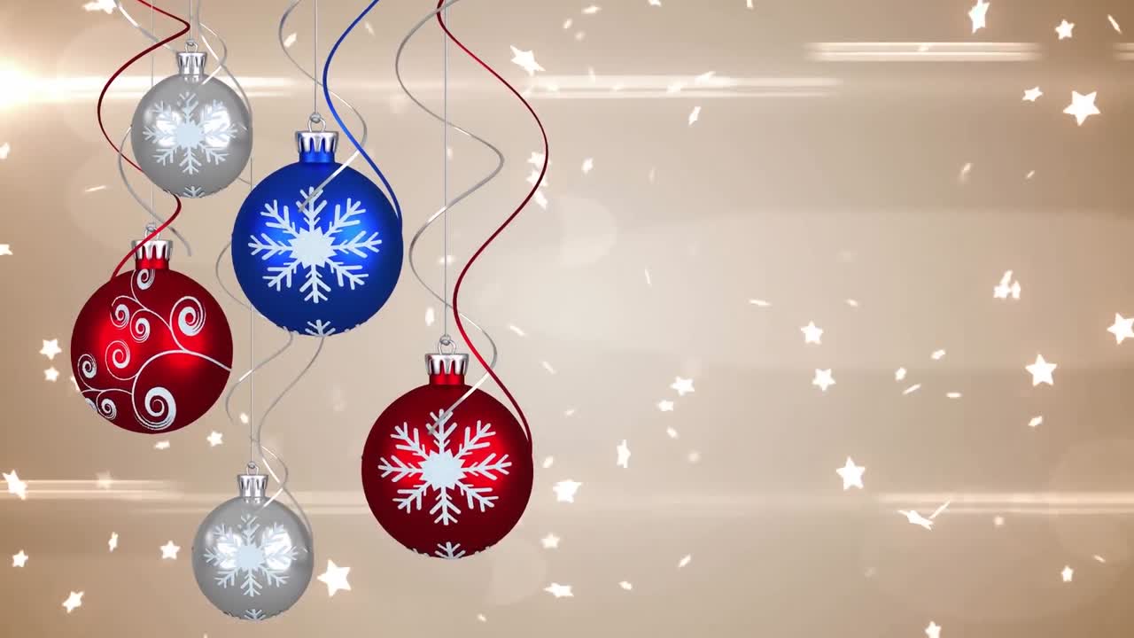 animación de bolas de navidad y estrellas cayendo sobre un fondo brillante con luz brillante