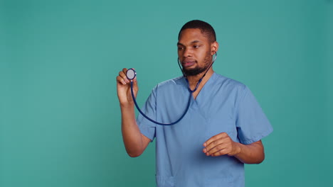 nurse using stethoscope on patient during medical exam