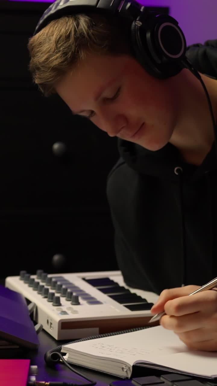 Young caucasian man wearing headphones, focused on composing music and hand writing song lyrics in a home studio, using a midi keyboard controller for creative sound production, vertical shot