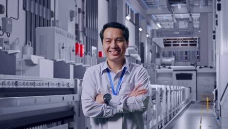 shot captures of an asian male professional worker standing at pharmaceutical factory, vaccine production facility, his broad smile at the camera and cross his arm over his chest