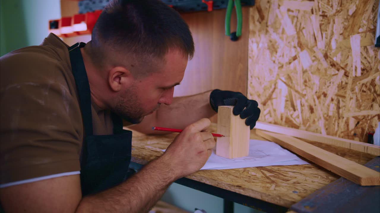 Uomo che segna il legno con una matita su un banco da lavoro in officina