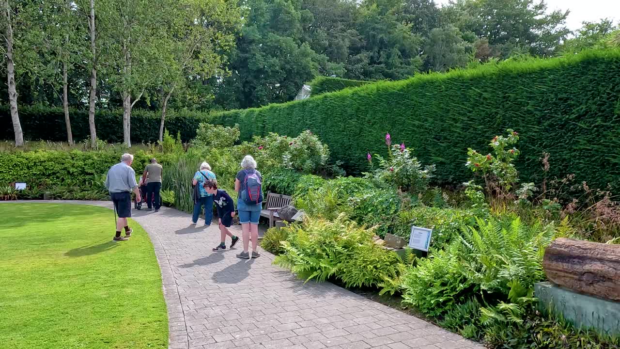 A group of older adults strolls along a paved path in a lush botanical garden, surrounded by greenery and sunlight, with steady camera movement