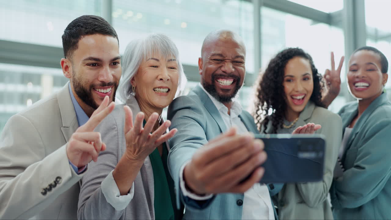 Peace sign, selfie and teamwork with business