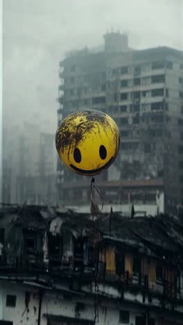 a weathered smiley balloon floats in front of dilapidated buildings, captured from a low angle
