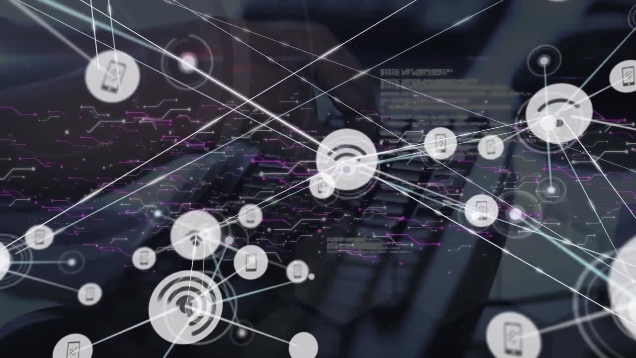 animación de la red de conexiones con iconos sobre edificios de oficinas de la red.