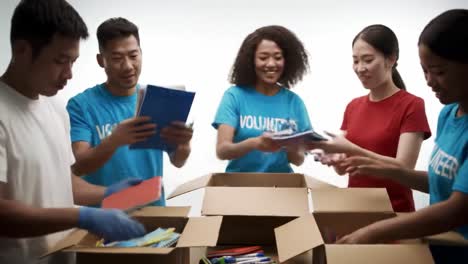 a heartwarming scene of volunteers collaborating to organize school supplies in cardboard boxes, showcasing their dedication to helping others in the community