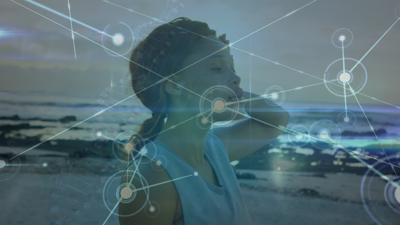 animación de la red de conexiones sobre la mujer afroamericana corriendo