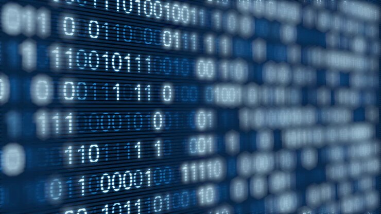 Blå digital binær kode på computerskærm.