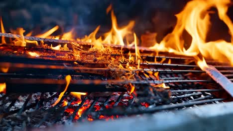 a close up of a grill with flames on it