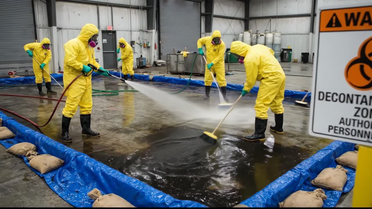 Workers in Hazmat Suits Decontaminating a Hazardous Spill Area