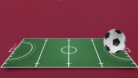 Animation-Von-Fußbällen,-Die-über-Fußballplatz-Und-Rotem-Hintergrund-Hüpfen