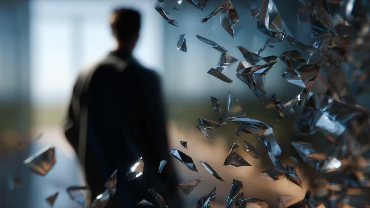 En ensam figur står mitt i en fängslande uppvisning av krossat glas, vilket skapar en slående visuell kontrast mellan motivet och dess fragmenterade omgivning.