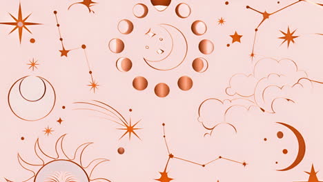 celestial bodies and phases of moon animation over pink background