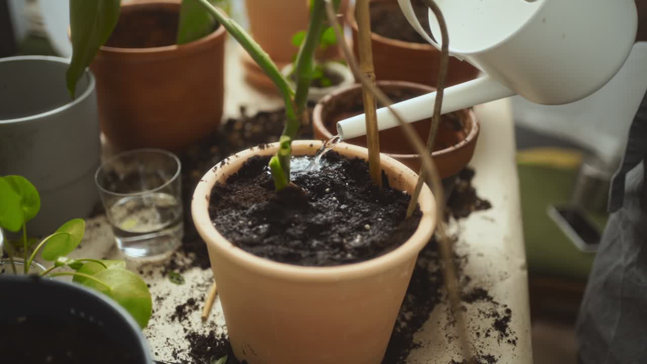mujer jardinera regando la planta de queso suizo para la estaca