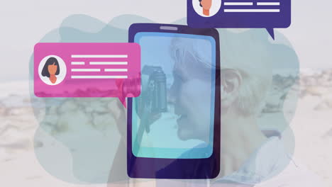 using camera, person interacting with animation of chat bubbles in school setting