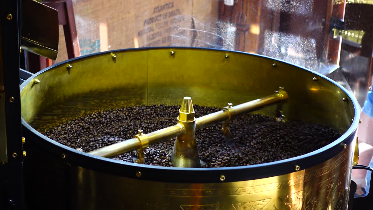 Coffee roasting machine work. Machine operation technology