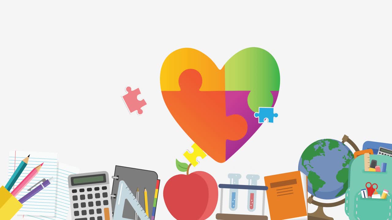 퍼즐과 교육 아이콘으로 형성 된 심장 위에 떨어지는 퍼즐의 애니메이션