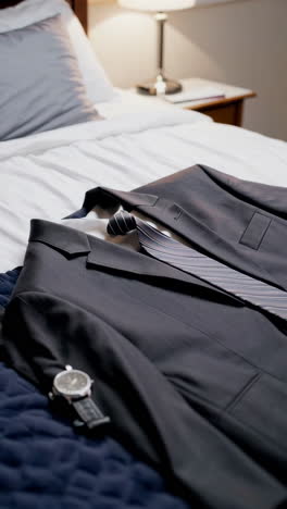 businessman's suit and accessories on a bed