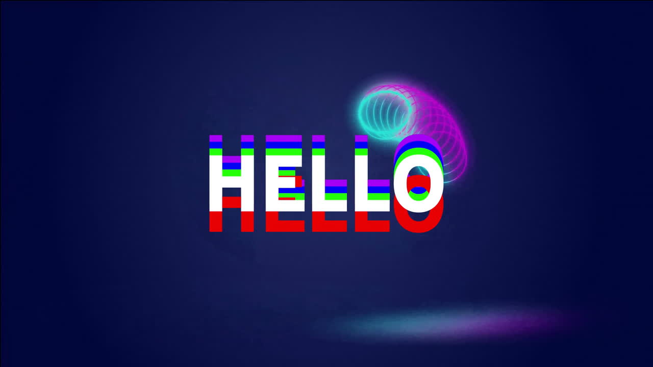 HELLO text animation with colorful glitch effect over dark background