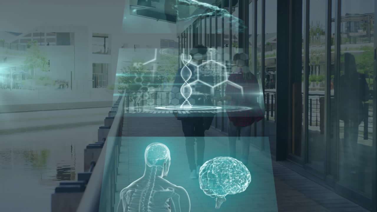 DNA strand and human anatomy animation over people walking on modern walkway