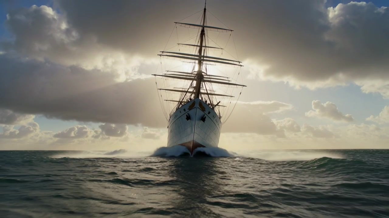 Et seilskip nærmer seg kameraet, skjærer baugen gjennom havet, kaster sjøsprøyt og solen danner en glorie rundt riggen.