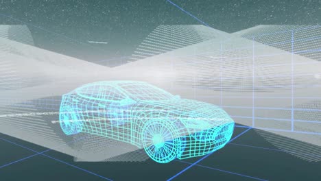 Dibujo-Técnico-De-Automóvil-En-3D-Con-Procesamiento-De-Datos-Sobre-Cuadrícula-En-Segundo-Plano